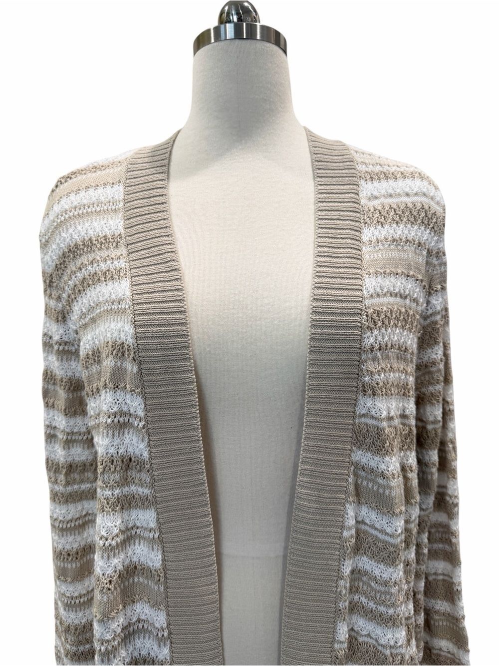 Jones New York Textured Stripe Open Front Cardigan Natural Stone Tan White S NEW - Picture 10 of 15